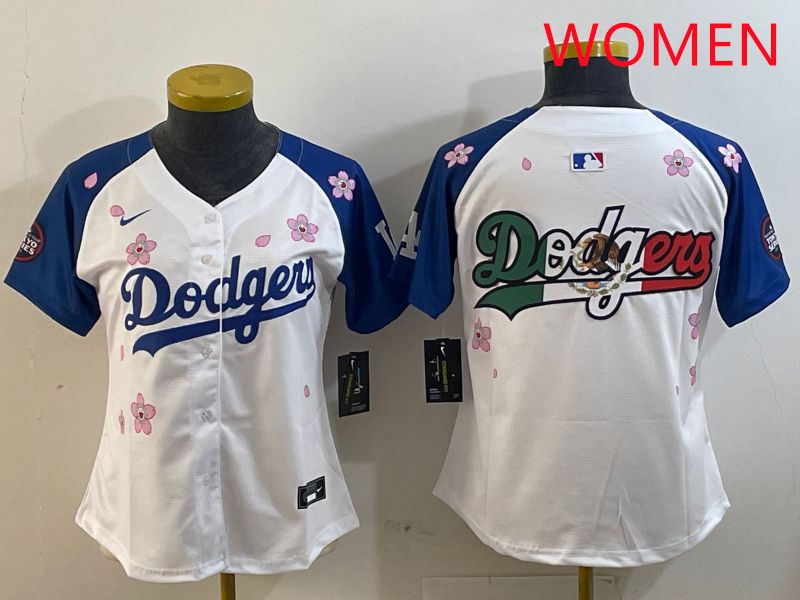 Women Los Angeles Dodgers Blank White Blue Sakura Edition 2025 Nike MLB Jersey style 7->women mlb jersey->Women Jersey
